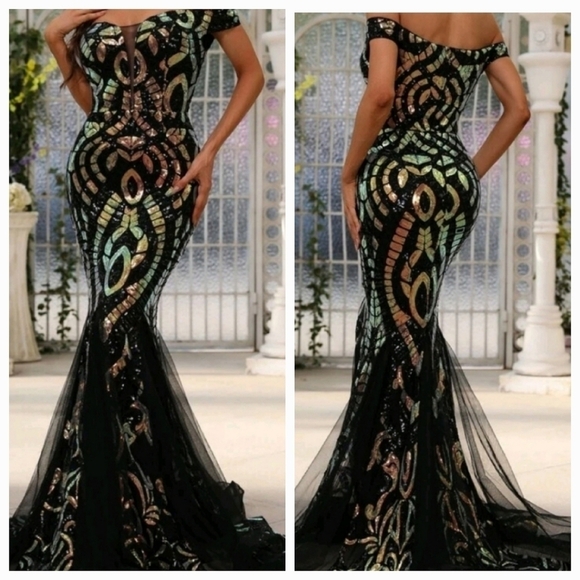 Black Party Geometric Sequined Mermaid Maxi Gown for Black Tie Events - Picture 1 of 9